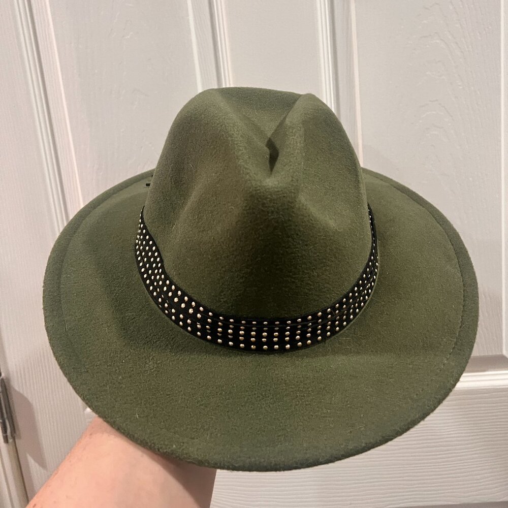 Time and Tru Olive Green Wide Brim Fedora Hat w/ Studded Band One Size